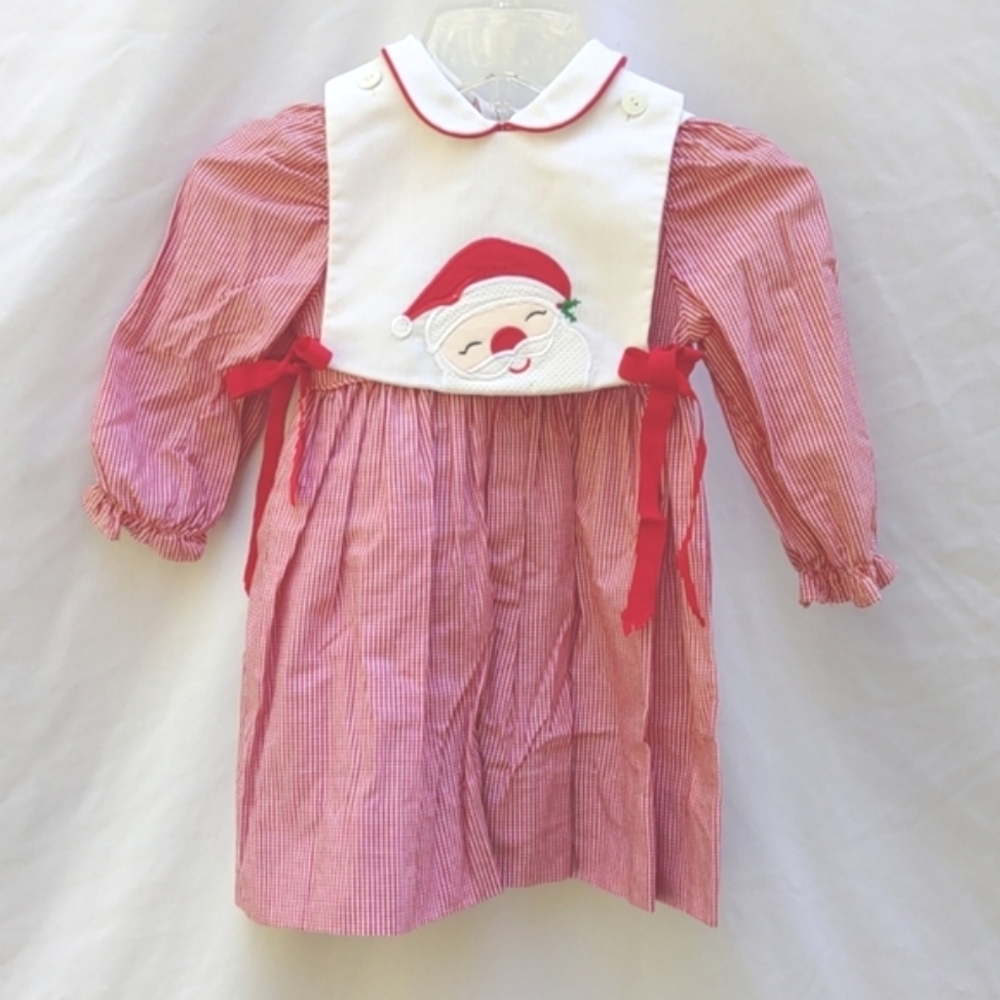Vintage Red & white gingham dress,embroidered flowers w/ extra Santa pinafore,2T